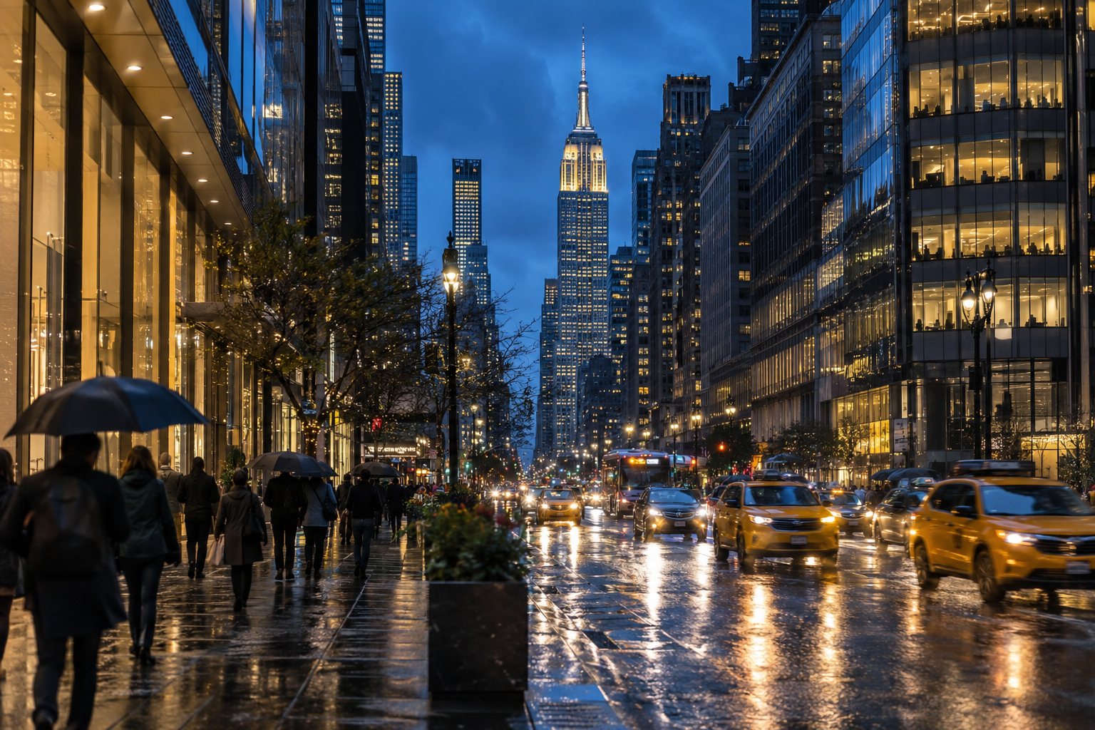 Manhattan avenue at blue hour with pedestrians, traffic, and illuminated skyscrapers