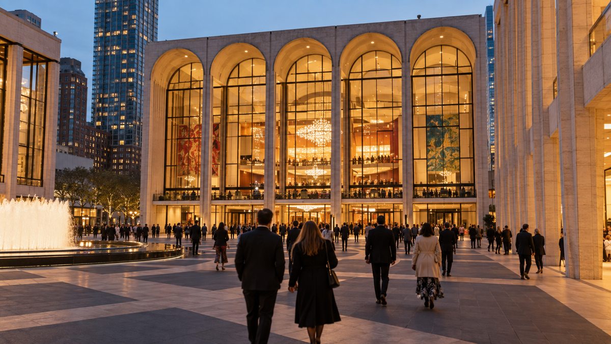 Illustrative original image of visitors approaching an opera house at dusk
